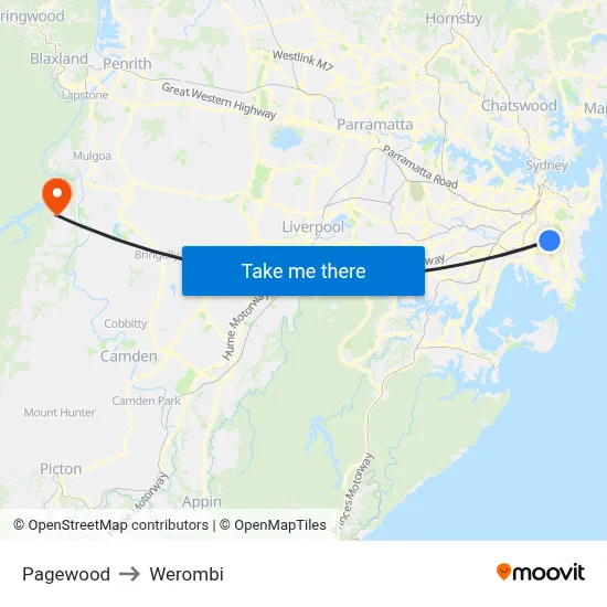 Pagewood to Werombi map