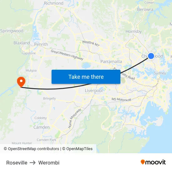Roseville to Werombi map