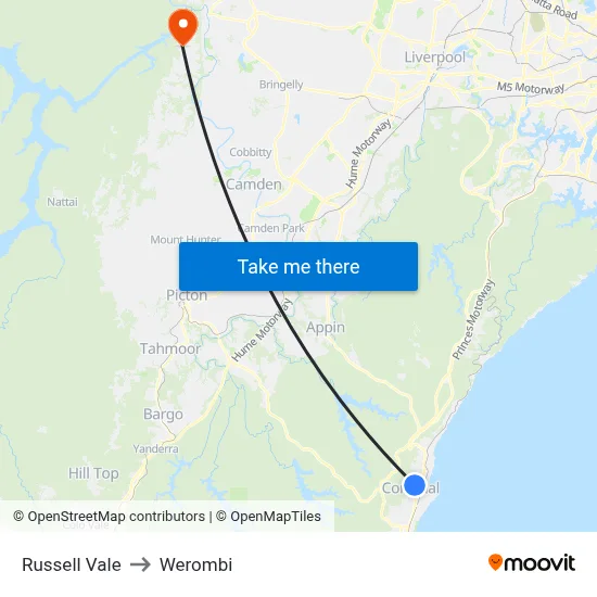 Russell Vale to Werombi map