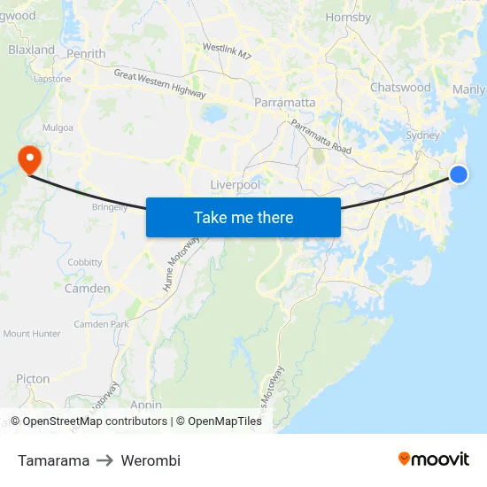 Tamarama to Werombi map