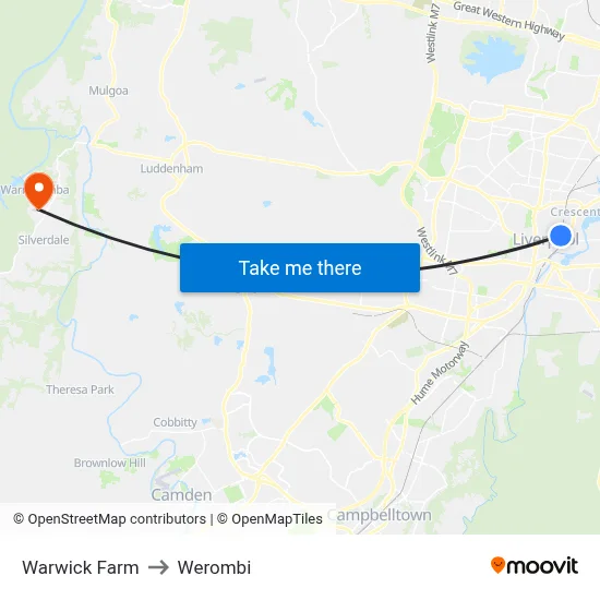 Warwick Farm to Werombi map