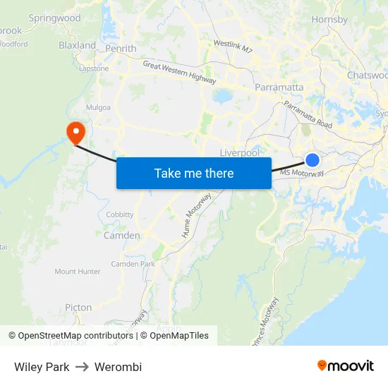Wiley Park to Werombi map