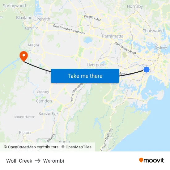 Wolli Creek to Werombi map
