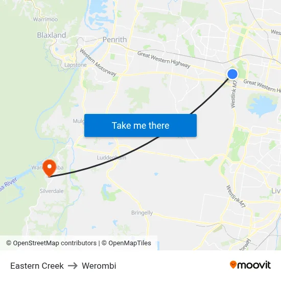 Eastern Creek to Werombi map