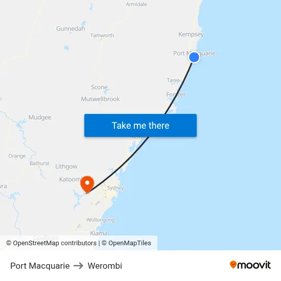 Port Macquarie to Werombi map