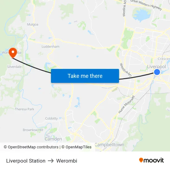 Liverpool Station to Werombi map
