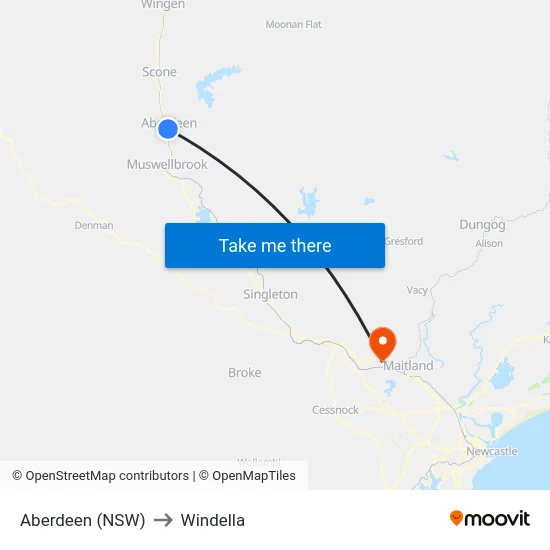 Aberdeen (NSW) to Windella map