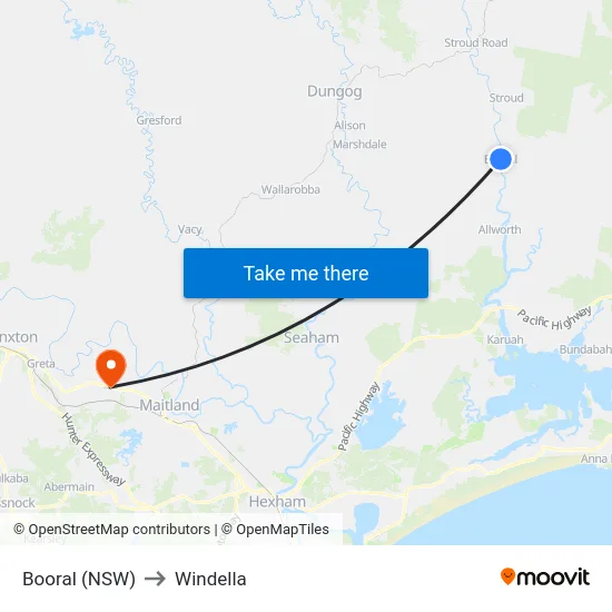 Booral (NSW) to Windella map