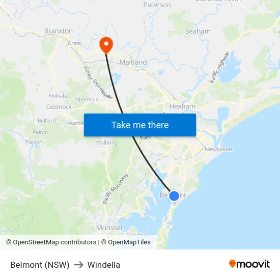 Belmont (NSW) to Windella map