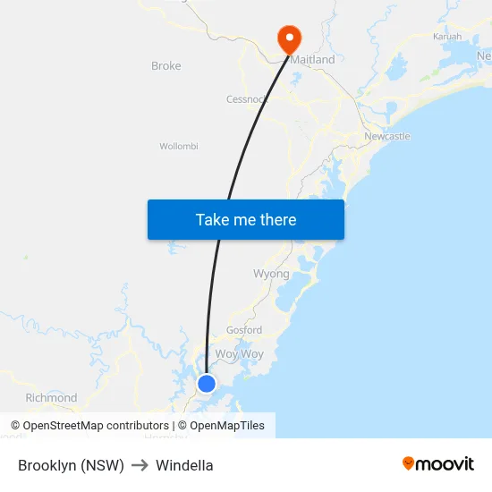 Brooklyn (NSW) to Windella map