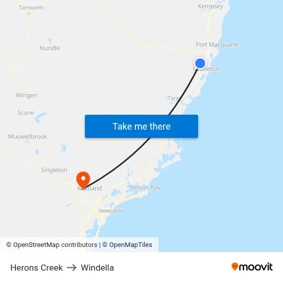 Herons Creek to Windella map