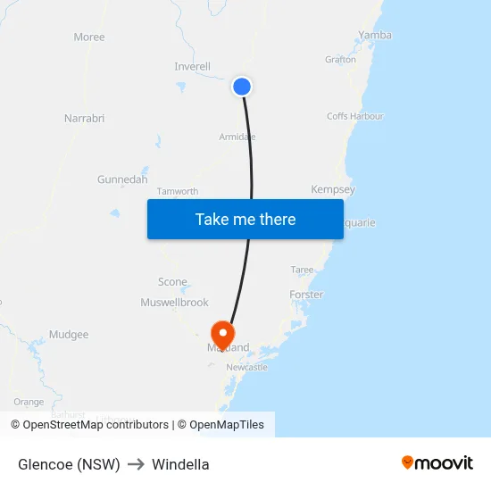 Glencoe (NSW) to Windella map