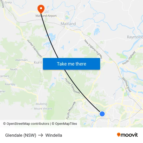 Glendale (NSW) to Windella map
