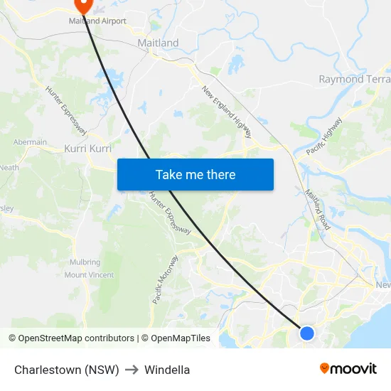 Charlestown (NSW) to Windella map