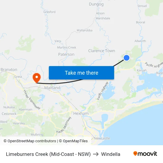 Limeburners Creek (Mid-Coast - NSW) to Windella map