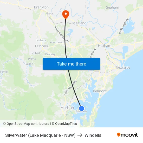 Silverwater (Lake Macquarie - NSW) to Windella map