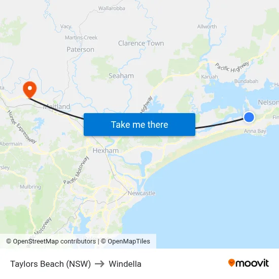 Taylors Beach (NSW) to Windella map