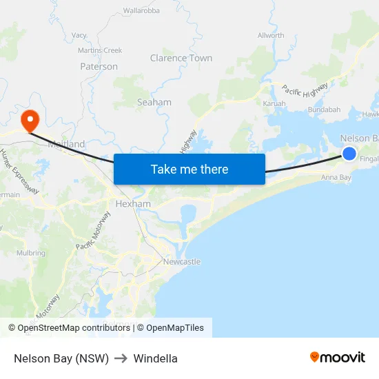 Nelson Bay (NSW) to Windella map