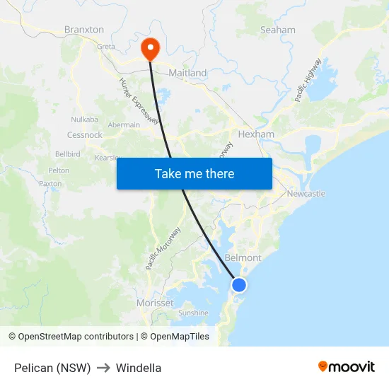 Pelican (NSW) to Windella map