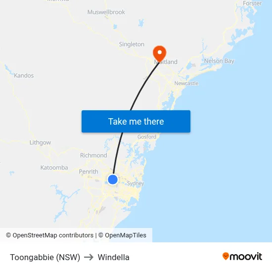 Toongabbie (NSW) to Windella map