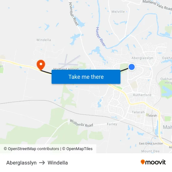 Aberglasslyn to Windella map