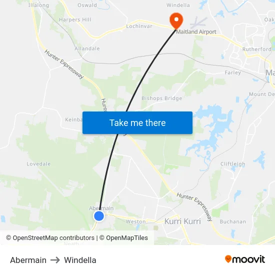 Abermain to Windella map