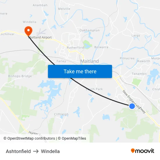 Ashtonfield to Windella map