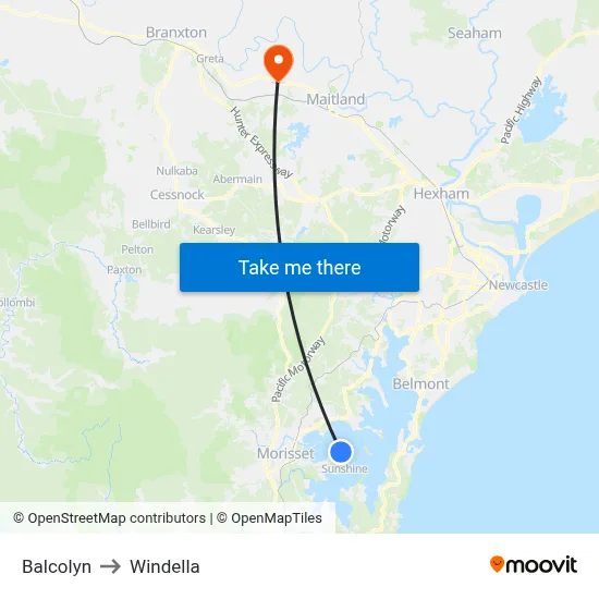 Balcolyn to Windella map