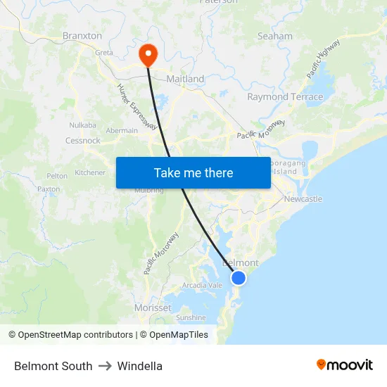 Belmont South to Windella map