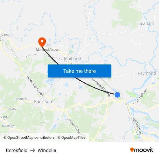 Beresfield to Windella map