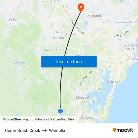 Cedar Brush Creek to Windella map