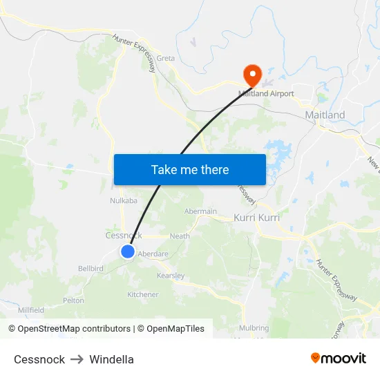 Cessnock to Windella map