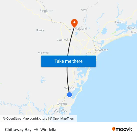 Chittaway Bay to Windella map