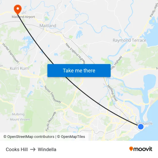 Cooks Hill to Windella map
