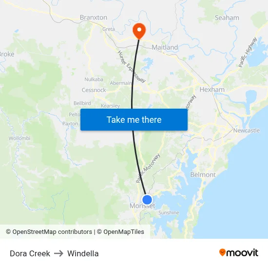 Dora Creek to Windella map