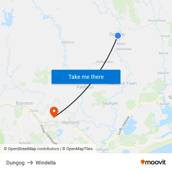 Dungog to Windella map