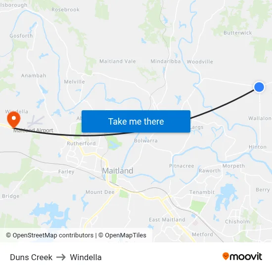 Duns Creek to Windella map