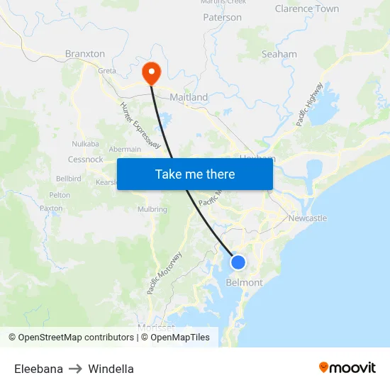Eleebana to Windella map
