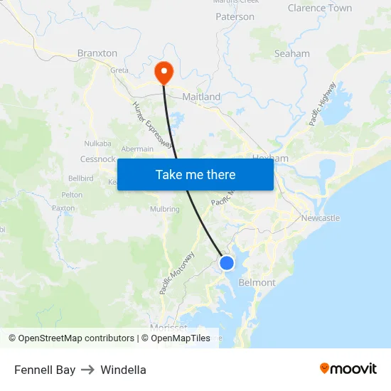 Fennell Bay to Windella map