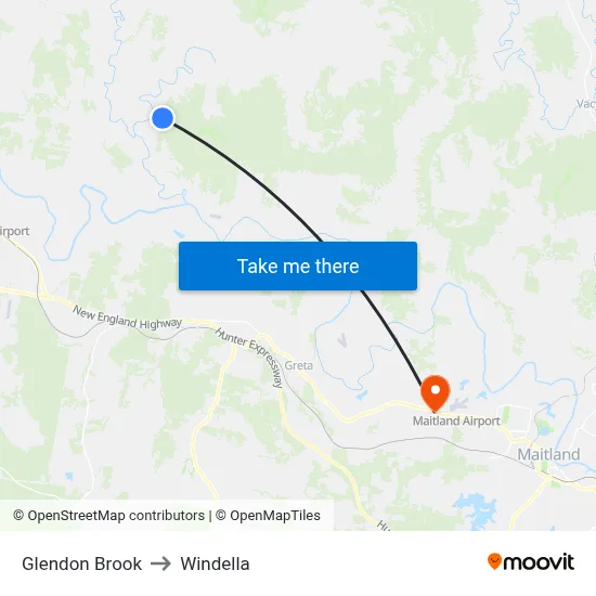Glendon Brook to Windella map