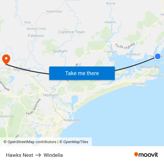 Hawks Nest to Windella map