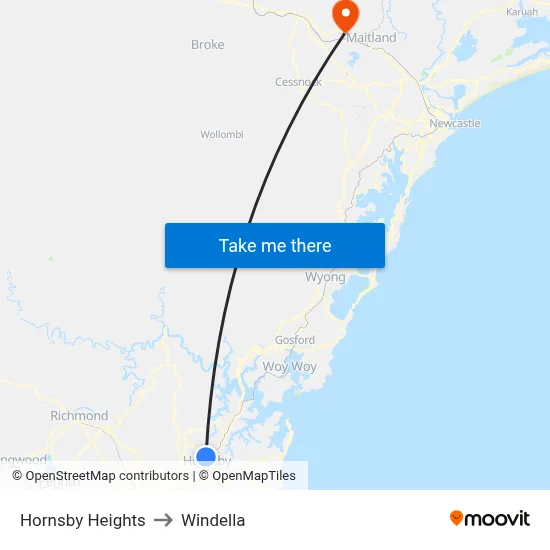 Hornsby Heights to Windella map