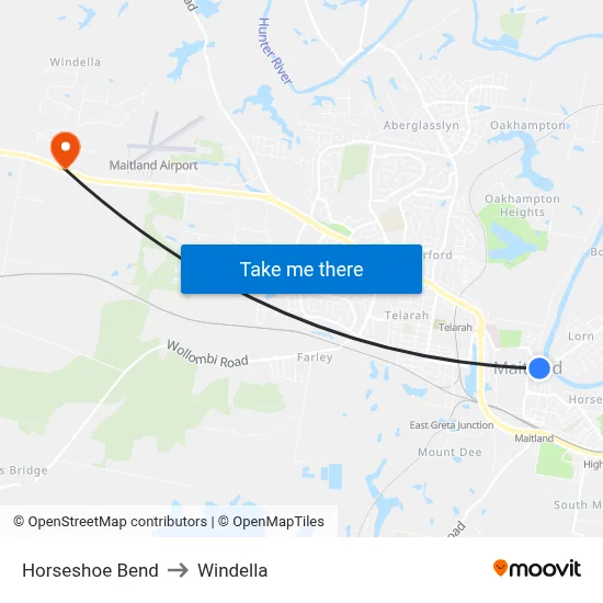 Horseshoe Bend to Windella map