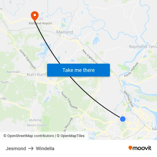 Jesmond to Windella map