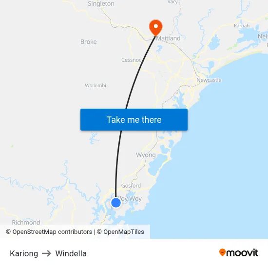 Kariong to Windella map