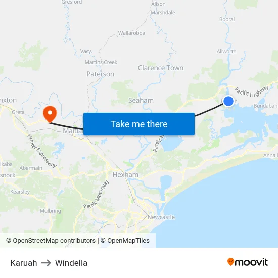 Karuah to Windella map