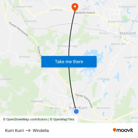 Kurri Kurri to Windella map