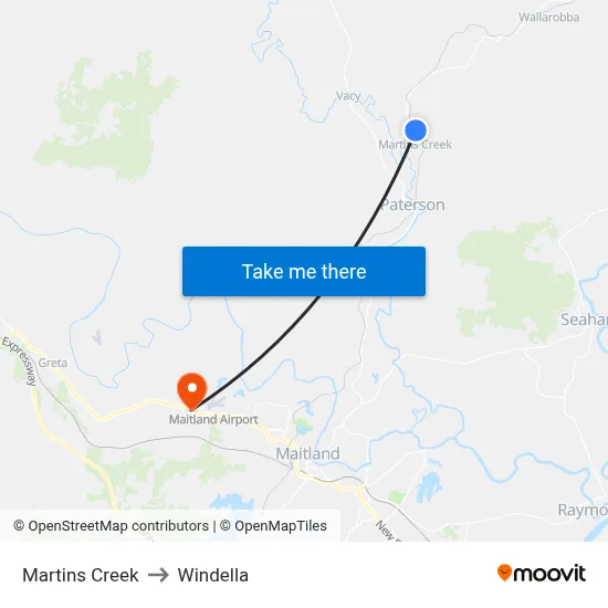 Martins Creek to Windella map
