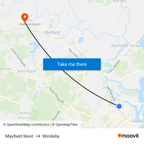 Mayfield West to Windella map