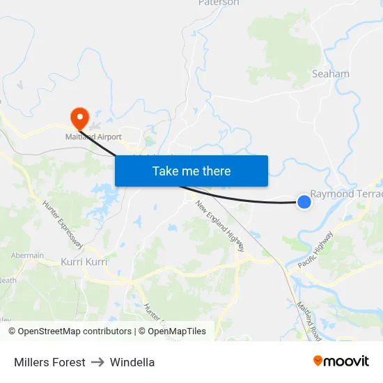 Millers Forest to Windella map